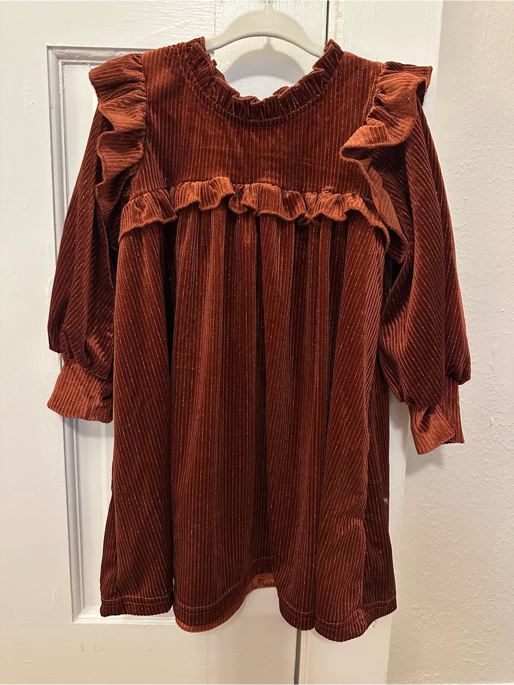 Ribbed Rust Velvet Ruffle Dress - size 2/3